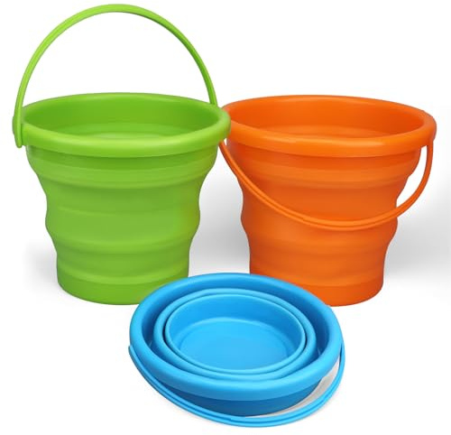 Foldable Beach Sand Toy Bucket for Kids Adults, Jumbo Collapsible Sandbox Toy, Foldable Pail with Mesh Bag, Multi Use for Garden Beach, Camping, Easter Bucket, Fishing, Travelling Accessories 3PCS