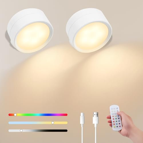 LED Wall Light 2PCS, Battery Operated Wall Light Indoor, Rechargeable Magnetic Reading Sconces Lamp with 16 RGB, 360°Rotatable Bedside Lamp with Remote Control for Bedroom Reading Living Room