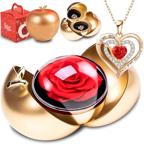 goldmiky Rosa Eterna con Collana, Rosa Stabilizzata Rossa Cofanetto,Fiori Eterni con Collana Cuori Regalo, per Idea Regalo Donne la Moglie a Natale, San Valentino, Festa della Mamma (Mela dorata)