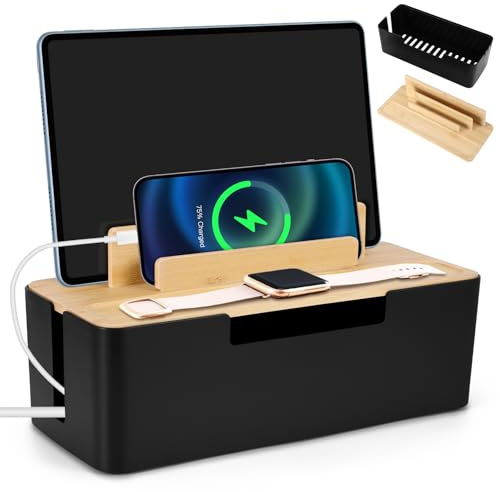 BTBHIHO Caja de gestión de cables para cables con tapa de bambú, almacenamiento oculto para salón, dormitorio, estudio, negro