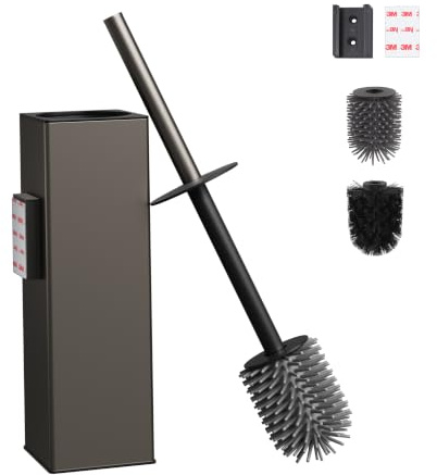 BVL Escobilla de baño de montaje en pared, gris, soporte para escobilla de inodoro sin taladrar, metal, incluye 2 cabezales de cepillo, escobilla de silicona para inodoro, cepillo cuadrado