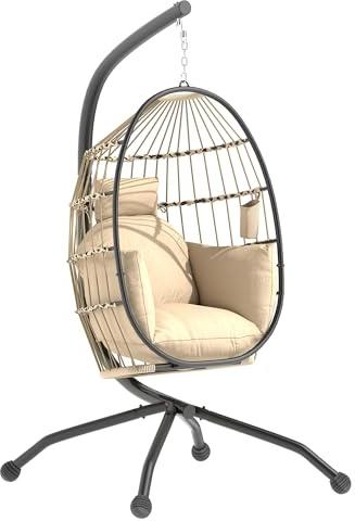 Outsunny Silla Colgante Huevo con Soporte Columpio Jardín Exterior con Cesta Plegable Cojín y Reposacabezas Portavaso Columpio Colgante para Interior y Exterior Carga 120 kg Caqui