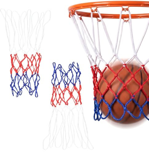 Ousuwo Confezione da 2 reti da basket, 5,5 mm di spessore, in nylon bianco-rosso-blu con 12 passanti, reti di ricambio rinforzate resistenti alle intemperie per canestri standard da basket interni ed