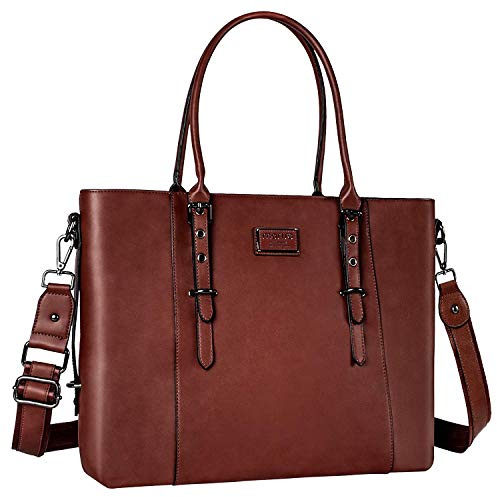 MOSISO Laptop Bag for Women, 17.3 inch Waterproof Vintage PU Leather Briefcase Shoulder Computer Laptop Tote Bag for Office Work, Brown