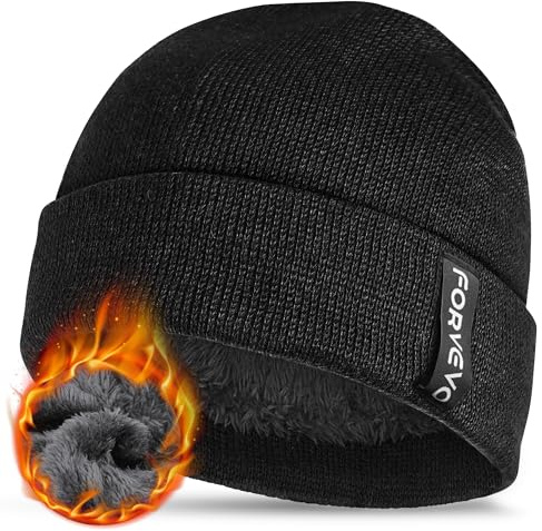 FORVEVO Beanie Hat for Men, Winter Thermal Beanie, Soft Fleece Lining Knitted Cuffed Wooly Hat for Daily Outdoor Cycling,Black