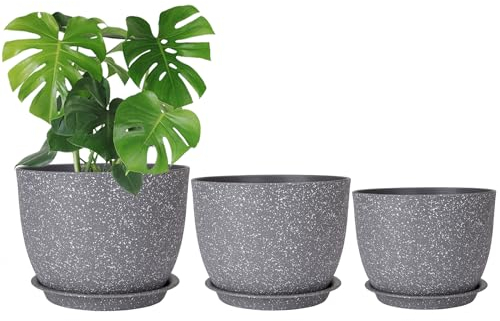 CSYY 25/23/20cm Plant Pots Indoor, Large Plastic Plant Pots, Flower Pots Outdoor Self Watering Indoor Plant Pot with Drainage Holes and Tray, Plastic Planter for Garden House Plants(Grey)