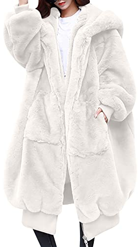 Felljacke Damen Warnschutzjacke Damen+Daunenweste+Beige Leichte+Windjacke+Damen Frauen Elegant Faux Pelz Lang Revers Mantel Winter Herbst Warm Fellmantel Mit Tasche Regenjacke Lang (4-White, L)