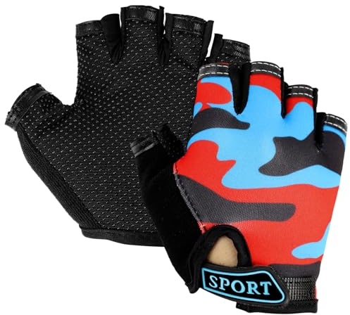 Mecmbj Kind Halb Finger Fahrradhandschuhe, Kinder Sport Handschuhe, rutschfeste Kindersporthandschuhe, zum Radfahren, Bootfahren, Yoga, Skaten, Klettern - Tarnrot (Anwendbare Alter: 6-12 Jahre)