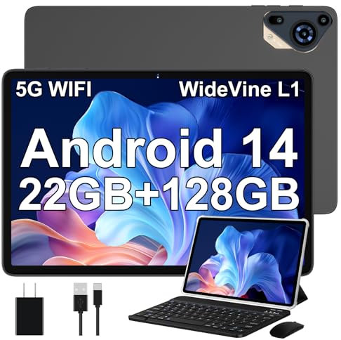 Tablette Android 14 avec 22 GO + 128 GO (Extensible jusqu'à 1 to), 5G WiFi, Tablette 10 Pouces avec GPS, Widevine L1, 8 Cœurs, 8000mAh, Tablette Tactile avec Clavier + Souris et Cas, Gris Saphir