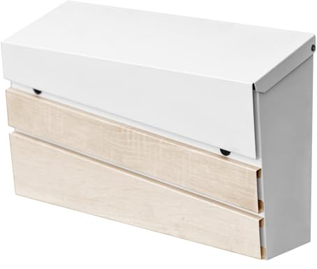xhlokk Wall-Mount Mailbox, White Walnut Wood Panel, Rust Resistant Large Capacity House Mailbox, Modern Drop Mailboxes for Outside, Metal Post Box (No Keys Locking)