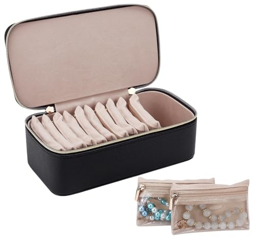 FINGERINSPIRE Joyero con bolsillos, juego de 23,5 x 11,7 x 8,4 cm, negro, organizador de joyas de viaje con 12 bolsas de terciopelo, maletín de almacenamiento de piel sintética con asa para proteger