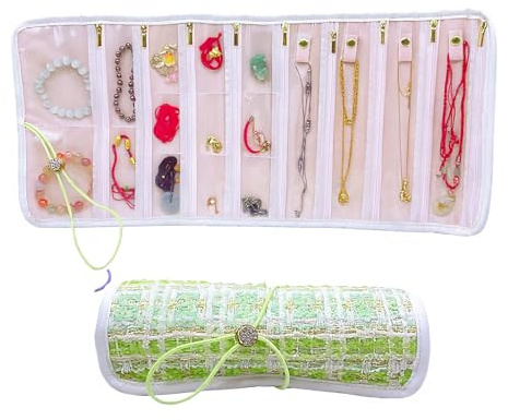 Portable Travel Jewelry Organizer Roll with 17 Zippered Compartments,Tangle-Free Necklace Storage Bag,Travel Jewelry Pouch for Bracelets, Earrings, Rings, Brooches (Green)