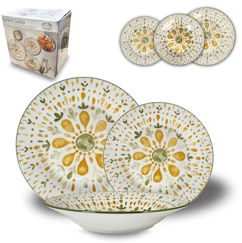 Arca Servizio Piatti 18 Pezzi Astra, Set Tavola per 6 Persone con Piatti Piani, Fondi e Dessert Decorati (GIALLO)