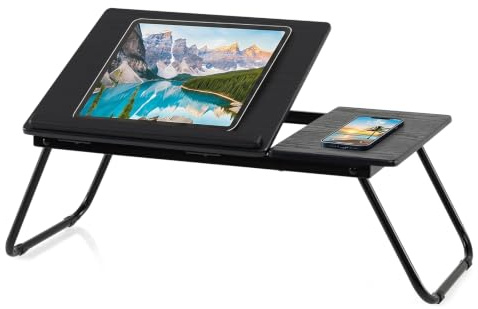COSTWAY Table de Lit Pliable 55 x 32 cm (Noir) | Plateau de Lit pour Ordinateur Portable avec 5 Angles d'Inclinaison Réglables, Cadre en Métal, pour Lecture, Petit Déjeuner