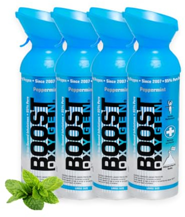 Boost Oxygen Sauerstofflasche für Unterwegs mit 95% Sauerstoff - 36L, 4x9L Sauerstoffdose mit Sauerstoffmaske für mehr als 600 Inhalationen - mobiler Sauerstoff Inhalator (Pfefferminz Geschmack)