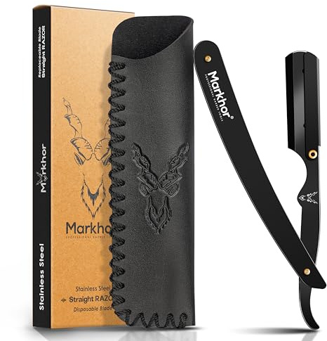 Markhor® Matte Black - Cut Throat Razor Kit – Mens Straight Razor, Barber-Grade Cutthroat Razor, Professional Straight Edge Beard Razor for a Clean & Precise Shave
