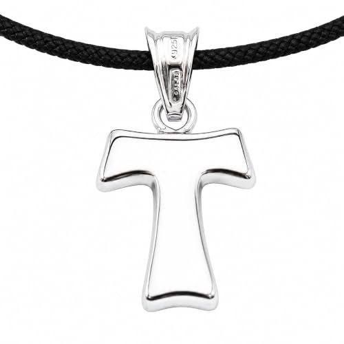 Gioielli Aurum Collana Croce Tau Tao in Argento 925 con Cordino Nero, Ciondolo Religioso Unisex Uomo Donna