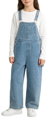 Rolanko Salopette di Jeans da Ragazze con Spalline Regolabili, Tuta di Denim Casual per Bambini, Tasche Blu, Taglia:170