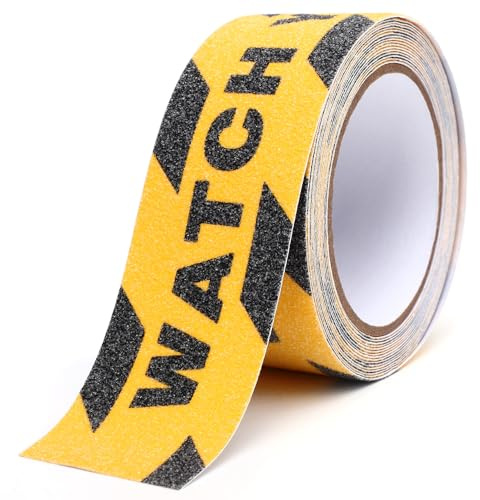 Dioche 5M Watch Your Step Sticker | PVC Safety Grip Tape with Quartz Sand Surface | Non-Slip Mind The Step Sign for Indoor/Outdoor Use | Watch Your Step Warning Tape for Stairs, Floors, Ladders