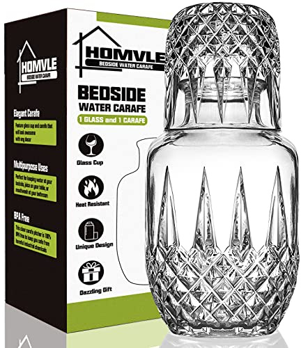 Bedside Carafe and Glass Set - Vintage Bedside Water Carafe with Glass Cup for Nightstand Storing Water, Juice and Other Wine on Desktop/Shelf (Diamond）