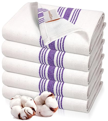 LUXTOGO®️-Geschirrtücher Baumwolle Set,100% Baumwolle Küchentücher Ringgesponnene Fischgrätenmuster Extra Dicker 250g/m²Geschirrhandtücher-50x70cm Küchenhandtücher für Küche,Restaurant(Lilac,Pack of5)