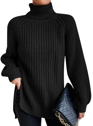 Jersey Cuello Alto Mujer Pullover Señora Suéter Manga Larga Invierno Sweater Women de Punto Oversize Ancho Tallas Grandes Negro 3XL