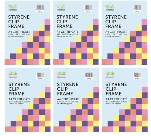 Set of 6- Frameless Clip Frames Styrene/Plastic Picture Frames For Poster Certificate Wall Mountable Frames Portrait Display Classic Wall Decor (A4 (21X29.7 CM))