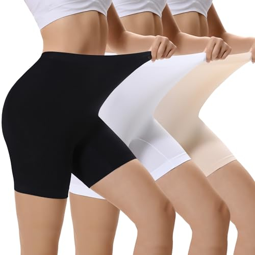 EKSHER Radlerhose Damen Kurz für Kleid Kurze Leggings Damen Radler Shorts Shapewear Boxershorts Damen Unterkleid Hose Unter Rock 3 Pack Schwarz Beige Weiß L