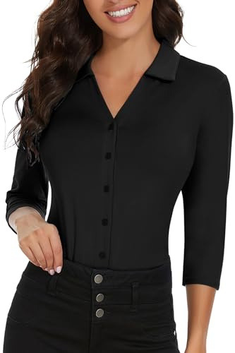 Soneven Blusas Mujer Elegantes 3/4 Manga Polo Camisetas Camisa Transpirable, Cuello en V, Túnica Tops para Primavera Verano Otoño Negro L