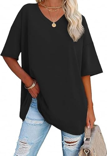 Haibang Tee Shirt Femme Col V T-Shirt Oversize Été Manches Courtes Cotton Grande Taille Décontracté Lâches Hauts Basique T Shirt Top Chic et Elegant Couleur Unie Blouse