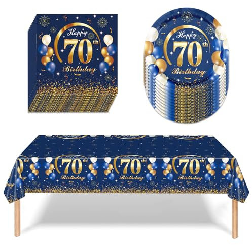 APPCXOKL Piatti Compleanno 70, Set di Stoviglie da Festa di Durevole per Il 70esimo Compleanno, Set Stoviglie per Festa di Compleanno con Piatti, Tovaglia e Tovaglioli