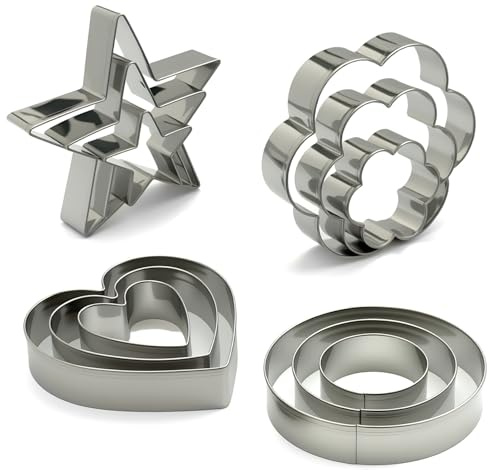 Stainless Steel Cookie Cutters Set 12Pcs - Heart, Flower, Round, Five Star Shapes - Small to Mini Size, Metal Biscuit Cutter Molds for Baking or Holiday Party Decorations
