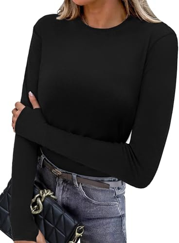Wayleb Camiseta Termica Mujer Manga Larga Cuello Redondo Ropa Deportiva para Running Yoga Fitness Otoño Invierno con Agujeros para los Pulgares,Negro 3XL