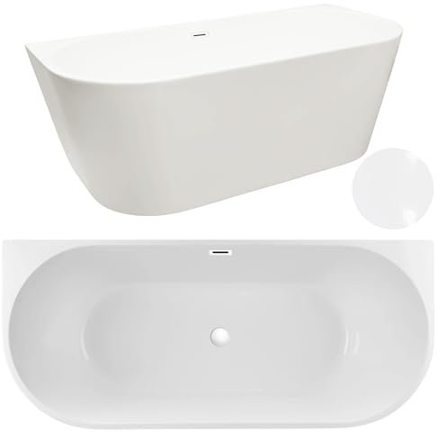 Aquauno - Baignoire autoportante ovale en acrylique sanitaire de qualité supérieure - 170 x 80 cm - Avec bonde clic clac, trop-plein, couvercle et bonde - Blanc - Salle de bain moderne