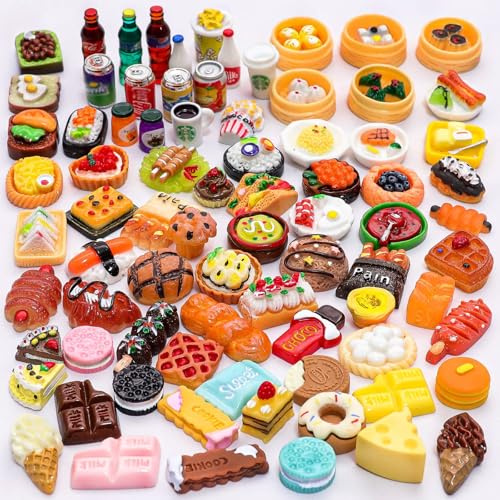 Comida Miniatura de Juguete, 80 Piezas Miniaturas de Alimentos y Bebidas, Juego de Accesorios para Casa de Muñecas, Mini Juguetes de Alimentos Niños Decoración de Casa de Muñecas (80pcs)