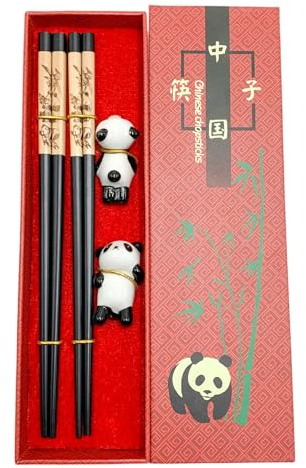 2 Paia Bacchette Cinesi in Legno y 2 Portabacchette a Forma di Panda Scatola portaoggetti, Riutilizzabili , Lavabile in Lavastoviglie - Ideale per Sushi, Hot Pot, Regali