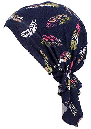 Locisne Bufanda de cabeza pre-impresa estampada para mujer Sombrero de cabeza de turbante Chemo Beanie Headwear para cáncer, quimioterapia, pérdida de cabello (Pluma Azul Marino)