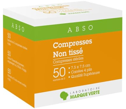 Marque Verte Abso Compresses Stériles Non Tissé 7,5cm x 7,5cm 100 compresses