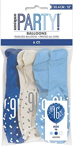 Vibrant 16th Glitz Latex Balloons in Light Blue, Royal Blue, & White (30cm) - Perfect for Parties, Celebrations & Events - 6ct