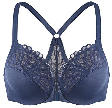 MELENECA Women's Front Fastening Racerback Plus Size Stretch Lace Underwire Unlined Bras Blue 38G