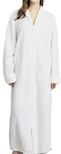 GUOCU Dam och herr flanell badrock frotté badrock V-ringad kimono rock nattlinne långa badrockar mjuka morgonrockar med genomgående dragkedja mjuk och varm pyjamas, Vita kvinnor, L