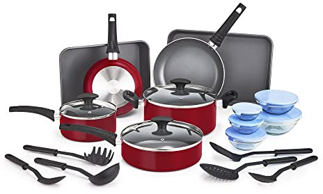 BELLA Nonstick Cookware Set with Glass Lids - Aluminum Bakeware, Pots and Pans, Storage Bowls & Utensils, Compatible with All Stovetops, 21 Piece, Red