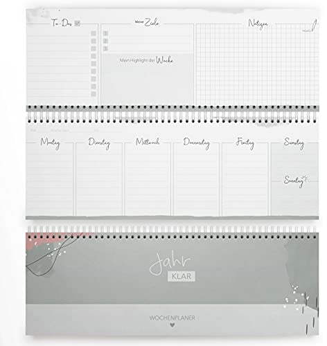 MINTKIND® X MAMIBLOCK Wochenplaner Jahr Klar mit passenden Stickern Khaki I Tischkalender Quer mit To Do Liste und Notizen I Undatierter Stehkalender (Wochenplaner)