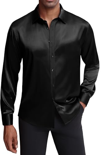 J.VER Men's Silk Satin Long Sleeve Dress Shirts Shiny Casual Button Down Shirt Luxury Party Prom Shirts, Black, Medium