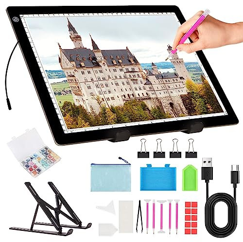 Leuchttisch A4, Tracking Leuchtplatte mit klappbarem Ständer, 3 Helligkeitsstufen Diamond Painting Leuchttisch, Type-C Power Ultra-dünne Leuchtkasten für Zeichnen Skizzierung