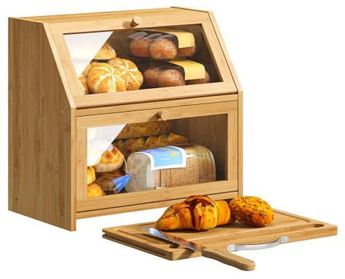 BMOSU Bread Box with Cutting Board Kitchen Bread Storage Organizer Farmhouse Countertop Double Bamboo Wood Bread Box(Natural)