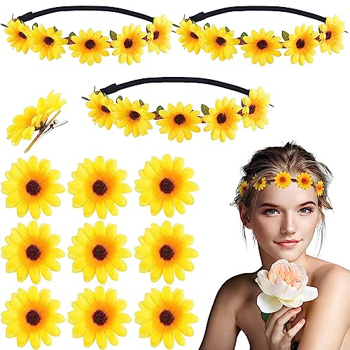 Oenothera 13 Pièce Serre Tête Fleur, Marguerite Floral Bandeau, Couronne Fleur Cheveux, pour Chapeau Ornement Party Festival Beach Travle Mariage Accessoires（Jaune）