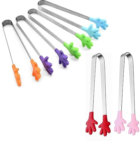 6pcs Mini Hand Tongs,Multifunctional Mini Food Clip with Skid-Proof Hand Shape Silicone Stainless Steel Food Tongs,for Kitchen Tongues Food Folder,Sweets Barbecue Buffet Salad Ice(6 Colors)