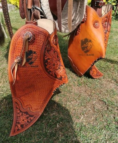 WILD RACE New Western Tapaderos Stirrups Saddle Floral Tooled Handmade Sewn Leather Heavy Duty Sold in Pair Set (ST-04)