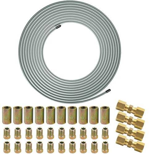 10m/32.8Ft Tuyau de Frein en Cuivre Ø 4,75mm, Kit de Conduite Générale de Frein 3/16 de Rechange pour Automobile avec 30 M10 Raccords & 4 Connecteurs